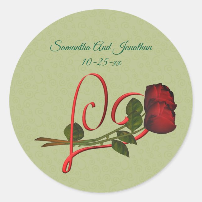Red Heart And Roses Personalized Wedding  Runder Aufkleber (Vorderseite)
