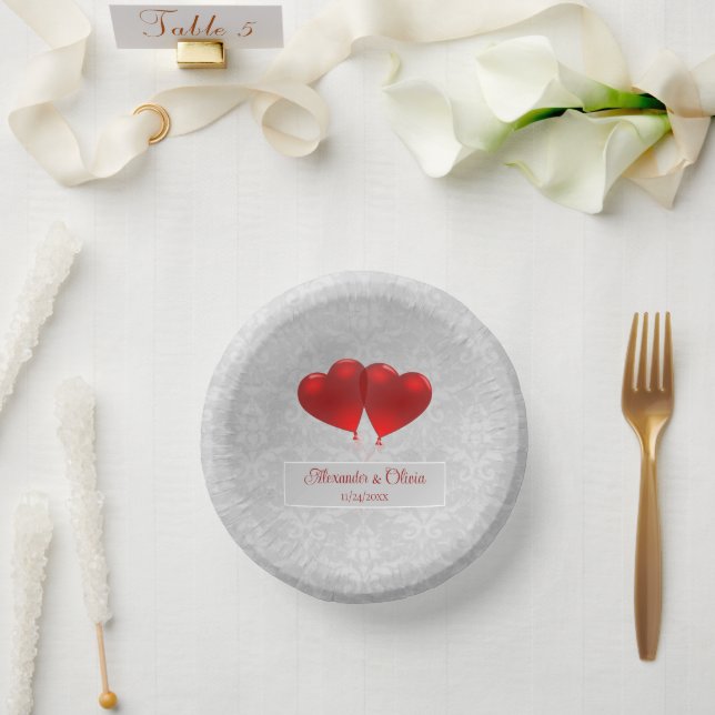 Red Heart Balloons Wedding Pappteller (Hochzeit)