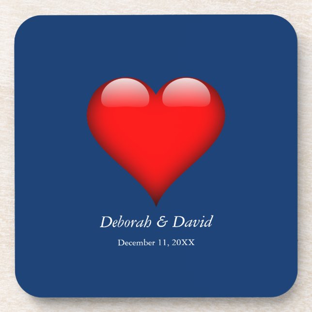 Red Heart Blue Moderne Minimalistische Hochzeit Getränkeuntersetzer (Vorderseite)