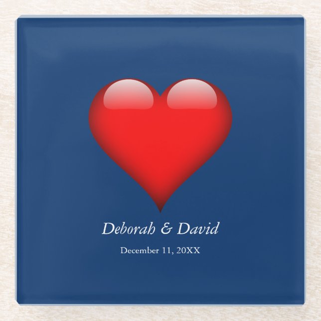 Red Heart Blue Moderne Minimalistische Hochzeit Glasuntersetzer (Vorderseite)
