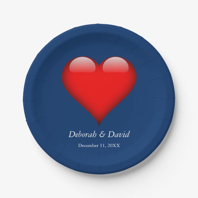 Red Heart Blue Moderne Minimalistische Hochzeit Pappteller (Vorderseite)