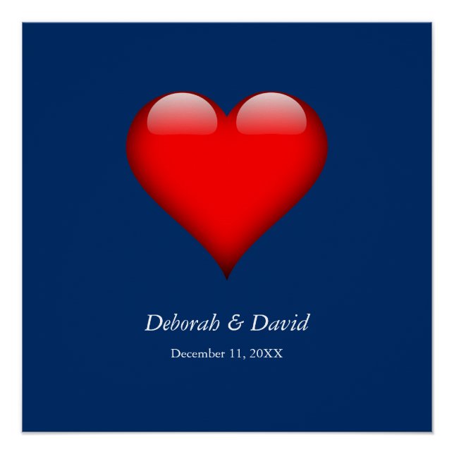 Red Heart Blue Moderne Minimalistische Hochzeit Poster (Vorderseite)