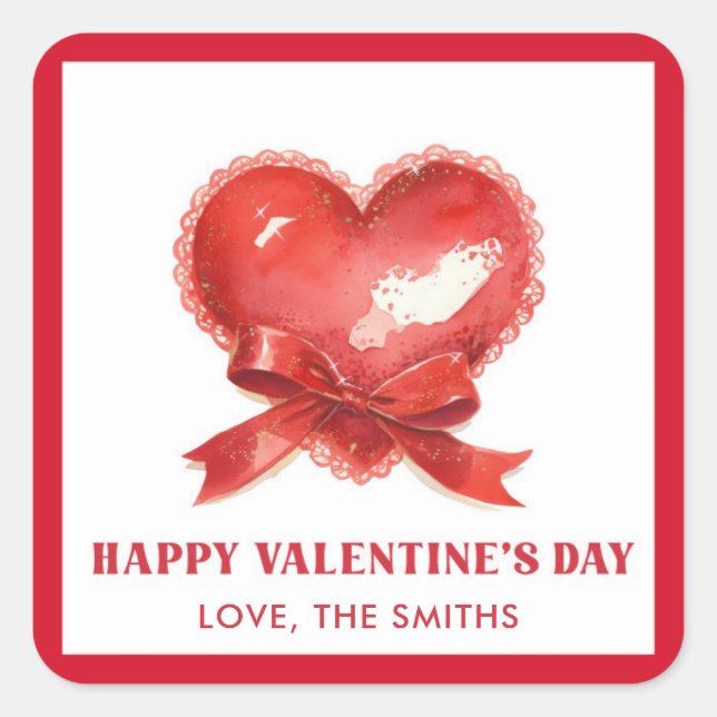 Red Heart Bow Happy Valentine’s Day Quadratischer Aufkleber (Vorderseite)