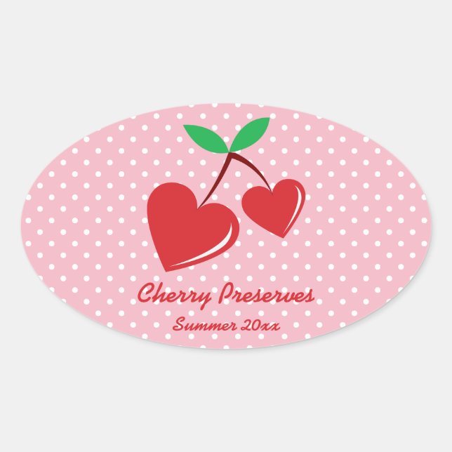 Red Heart Cherries Label White Polka Dot Ovaler Aufkleber (Vorderseite)