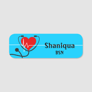 Red Heart EKG und Stethoscope Medical Blue  Namensschild