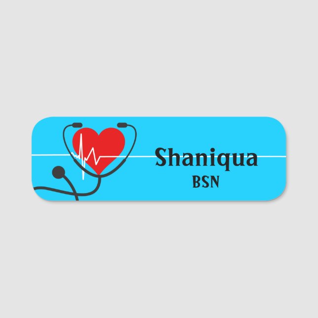 Red Heart EKG und Stethoscope Medical Blue  Namensschild (Vorderseite)