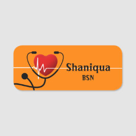 Red Heart EKG und Stethoscope Medical Mandarine Namensschild