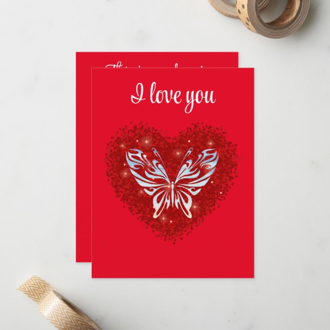 Red heart glitter butterfly mitteilungskarte (Vorderseite/Rückseite Beispiel)