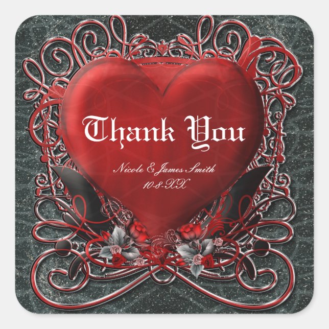 Red Heart Gothic Valentine Wedding Party Gefallen Quadratischer Aufkleber (Vorderseite)