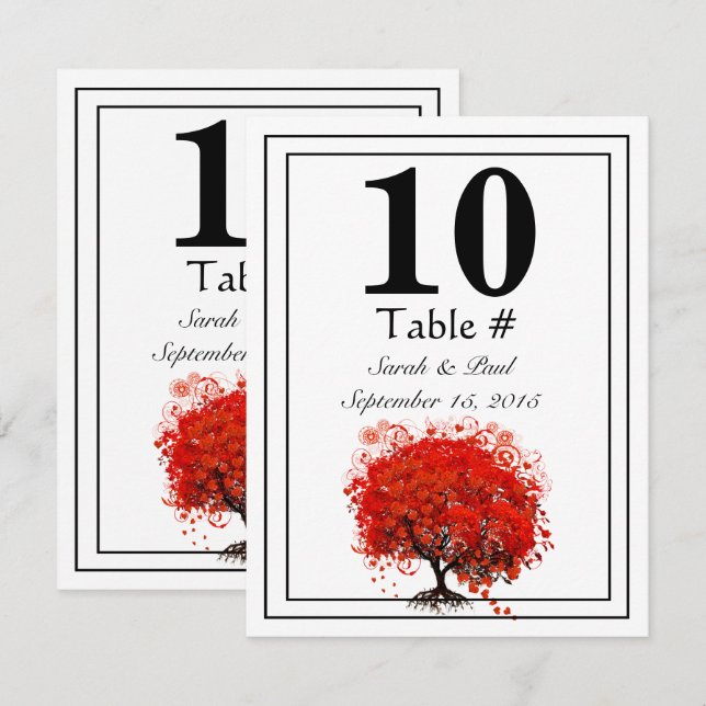 Red Heart Leaf Tree Mariage Numéro de table (Devant / Derrière)