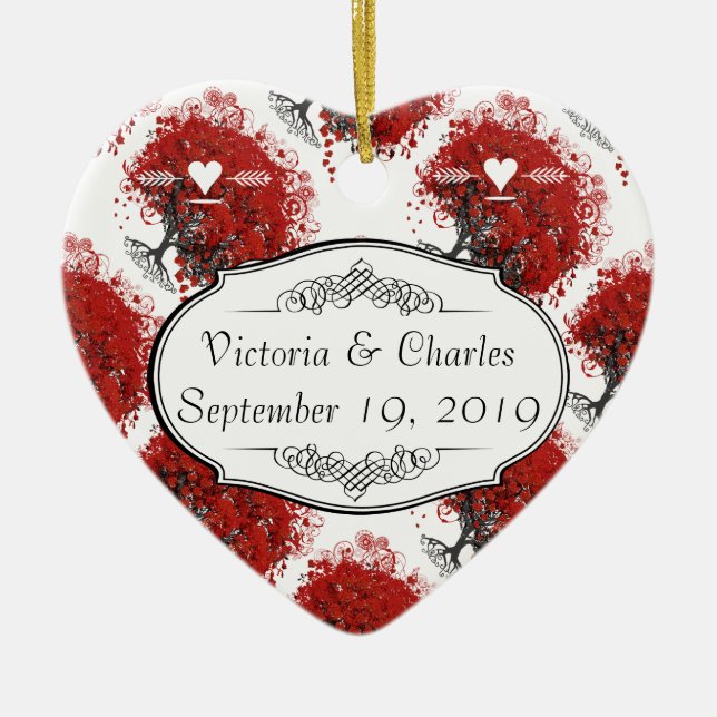 Red Heart Leaf Tree Wedding Keramikornament (Vorne)