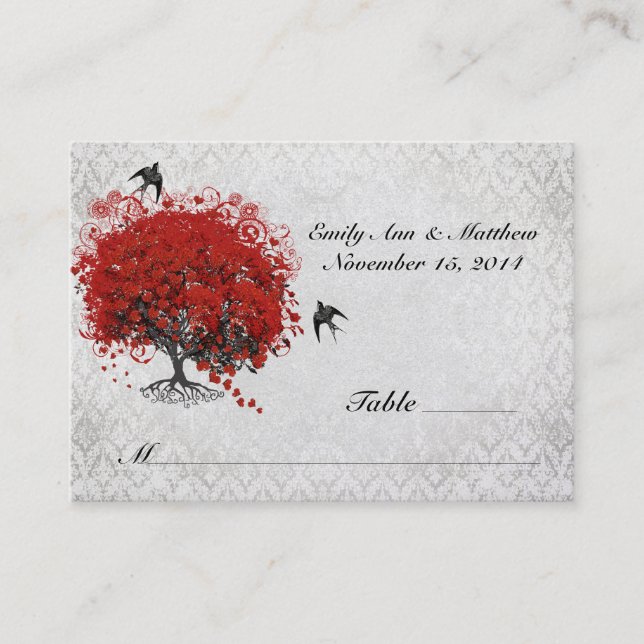 Red Heart Leaf Tree Wedding Platzkarte (Vorderseite)