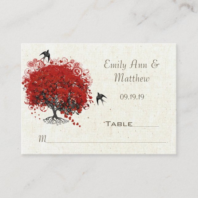 Red Heart Leaf Tree Wedding Platzkarte (Vorderseite)