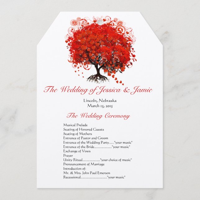 Red Heart Leaf Tree Wedding Programme (Devant)