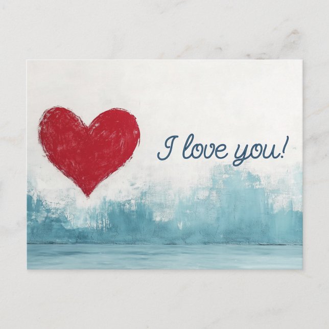 Red Heart on Blue Background Liebe Postkarte (Vorderseite)