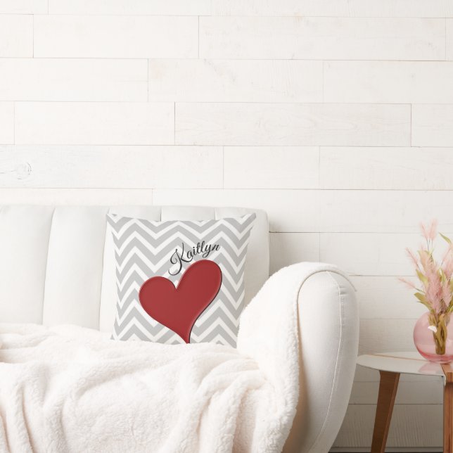 Red Heart on Grau Zickzack Stripe Kissen (Liege)