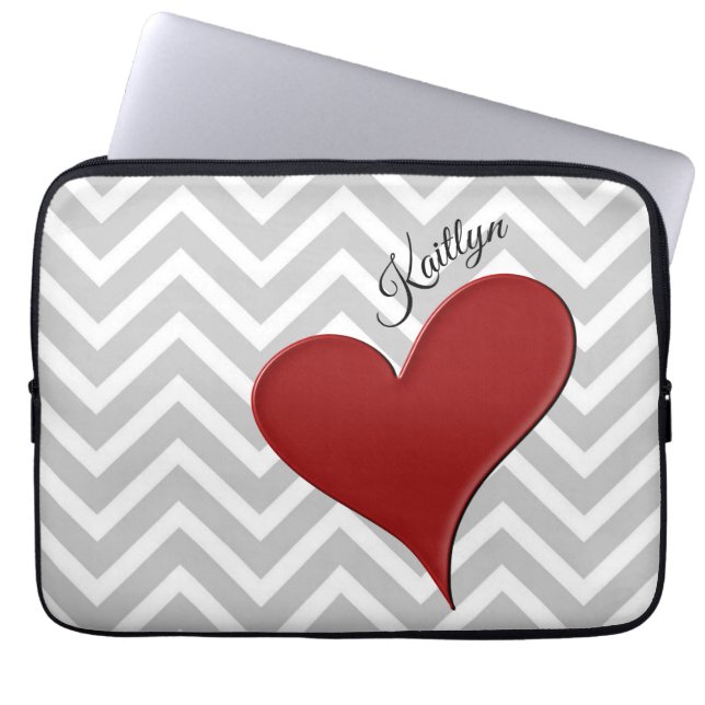 Red Heart on Gray Zickzack Strip with Name Laptopschutzhülle (Vorderseite)