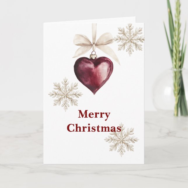 Red Heart Ornament Cream Bow Snowflakes Christmas Karte (Vorderseite)