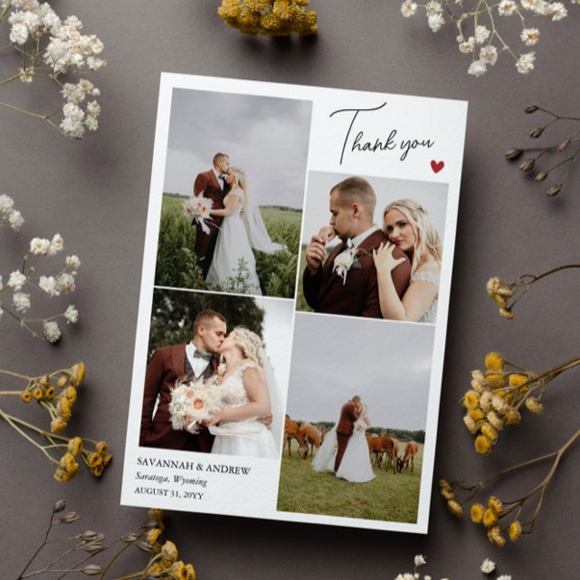 Red Heart Romantic Wedding Photos Thank You Note Dankeskarte (Von Creator hochgeladen)