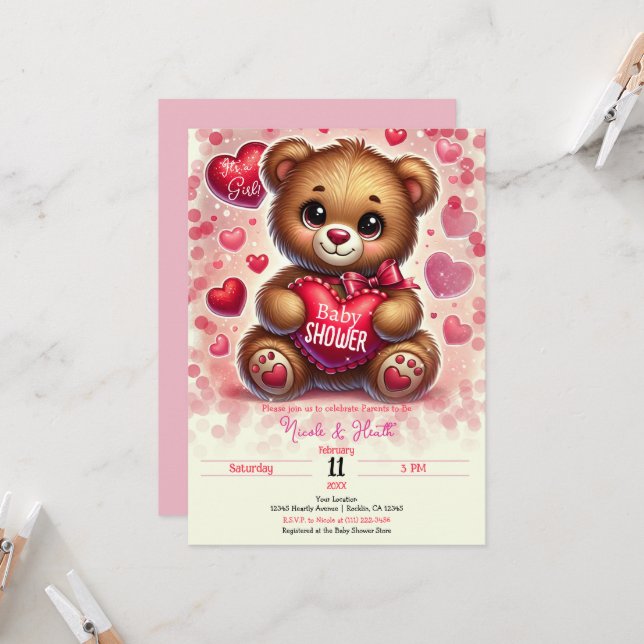 Red Heart Valentine Teddy Bear Baby Dusche Einladung (Vorderseite/Rückseite Beispiel)