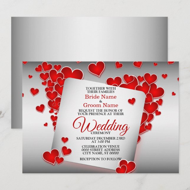 Red Hearts Beautiful Wedding Einladung (Vorne/Hinten)