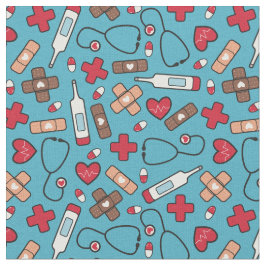 Red Hearts Blue Nurse Doctor Pattern Stoff