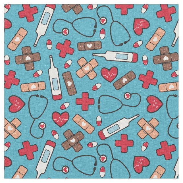 Red Hearts Blue Nurse Doctor Pattern Stoff (Nahaufnahme)