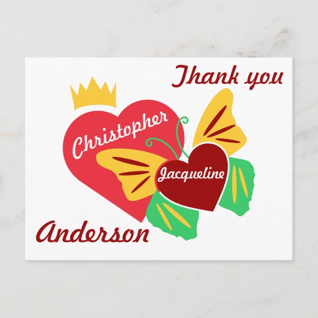 Red Hearts, Butterfly Danke Postkarte (Vorderseite)