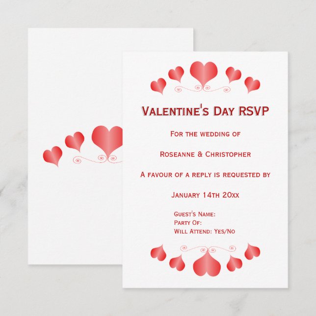 Red Hearts Design Valentinstag Wedding RSVP Karte (Vorne/Hinten)