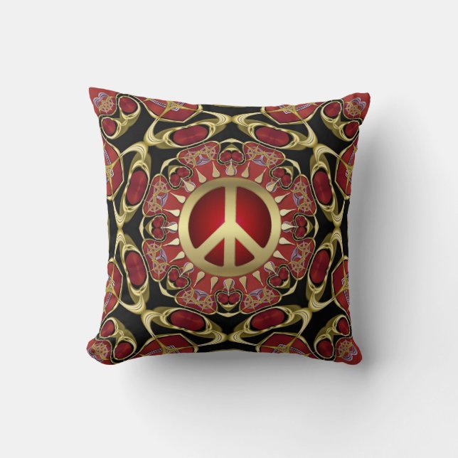 Red Hearts Gold Peace Power Liebe Cushion Kissen (Vorderseite)