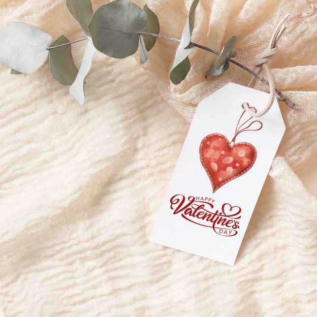 Red Hearts Happy Valentine's Day Geschenkanhänger (Red Hearts Happy Valentine's Day Gift Tags on a boho table.)