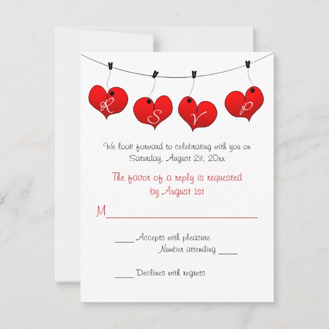 Red Hearts in Liebe Wedding RSVP Card Einladung (Vorderseite)