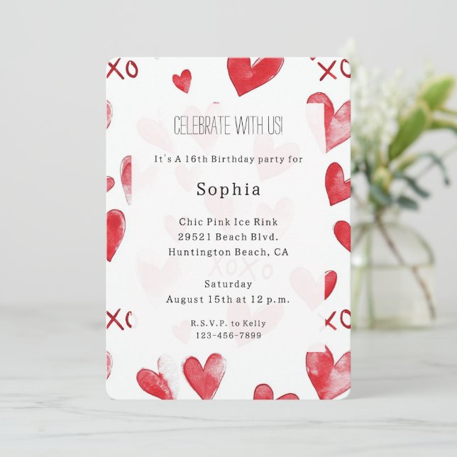 Red Hearts Liebe XOXO Geburtstag Einladung (Stehend Vorderseite)