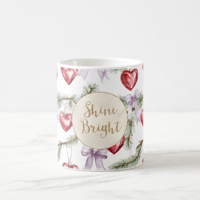 Red Hearts Lila Bows Weihnachts Gold Glitzer Kaffeetasse (Mittel)
