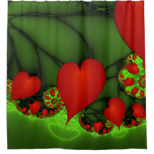 Red Hearts Lime Green Modernes Abstraktes Fraktal  Duschvorhang