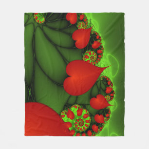 Red Hearts Lime Green Modernes Abstraktes Fraktal  Fleecedecke