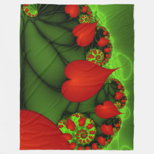Red Hearts Lime Green Modernes Abstraktes Fraktal  Fleecedecke