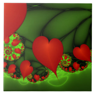 Red Hearts Lime Green Modernes Abstraktes Fraktal  Fliese