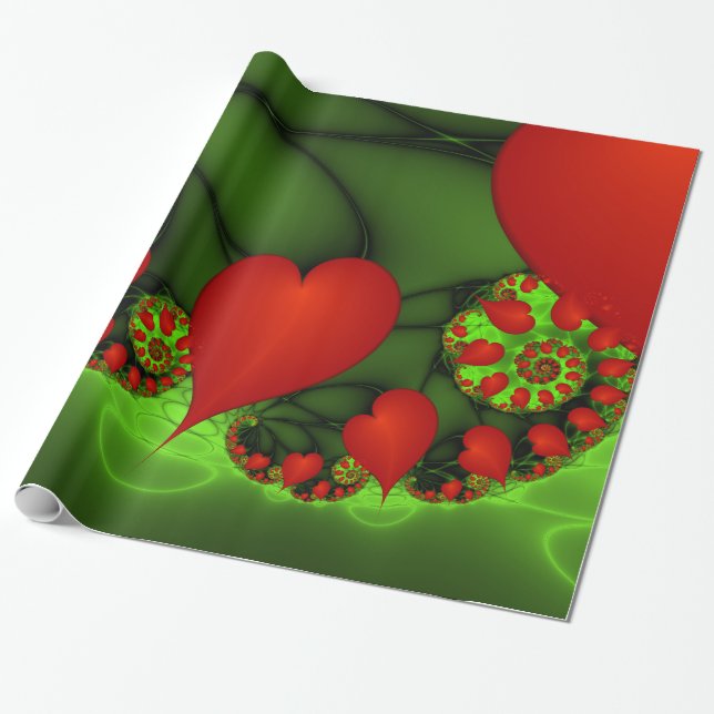 Red Hearts Lime Green Modernes Abstraktes Fraktal  Geschenkpapier (Ungerollt)