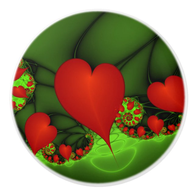 Red Hearts Lime Green Modernes Abstraktes Fraktal  Keramikknauf (Vorderseite)