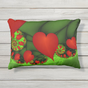 Red Hearts Lime Green Modernes Abstraktes Fraktal  Kissen Für Draußen