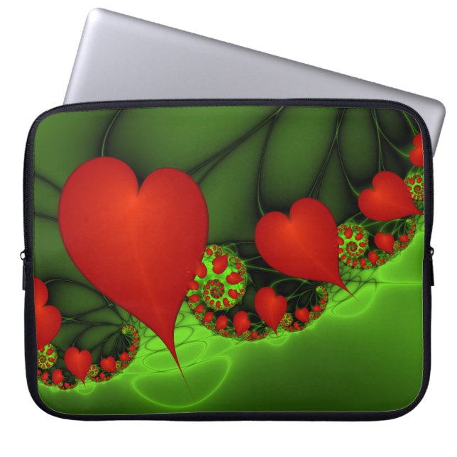 Red Hearts Lime Green Modernes Abstraktes Fraktal  Laptopschutzhülle (Vorderseite)