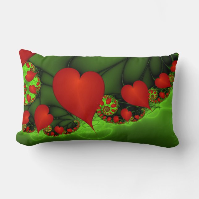 Red Hearts Lime Green Modernes Abstraktes Fraktal  Lendenkissen (Vorderseite)