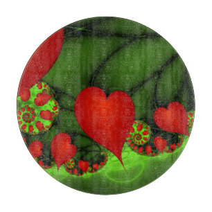Red Hearts Lime Green Modernes Abstraktes Fraktal Schneidebrett