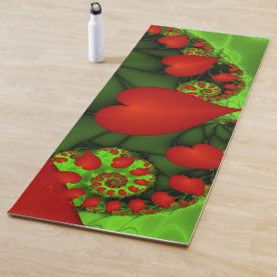 Red Hearts Lime Green Modernes Abstraktes Fraktal  Yogamatte