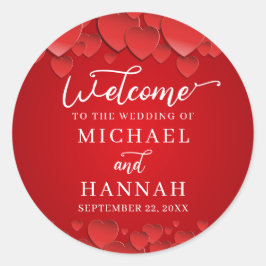 Red Hearts Moderne Elegante Hochzeit Willkommen Runder Aufkleber