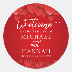 Red Hearts Moderne Elegante Hochzeit Willkommen Runder Aufkleber