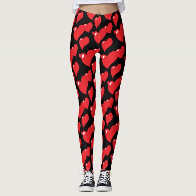 "Red Hearts on Black Background" Leggings (Vorderseite)