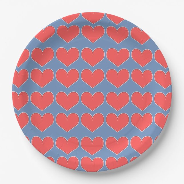 Red Hearts on Blue Pattern Pappteller (Vorderseite)