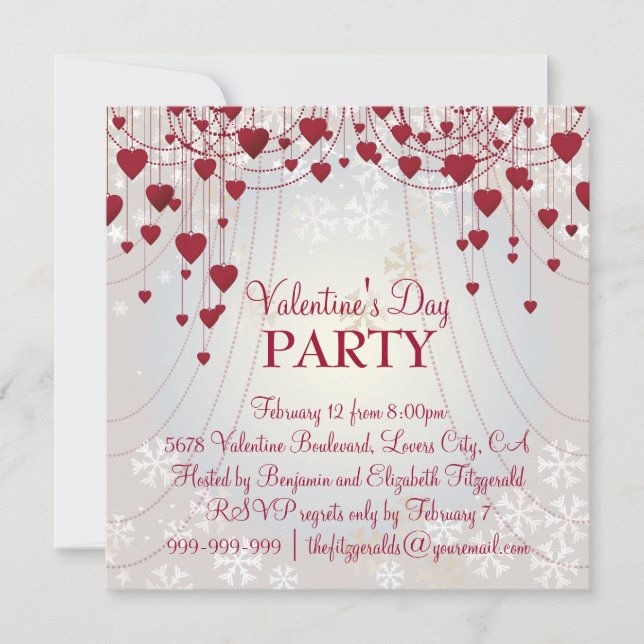 Red Hearts on Radiant White Valentines Party Einladung (Vorderseite)